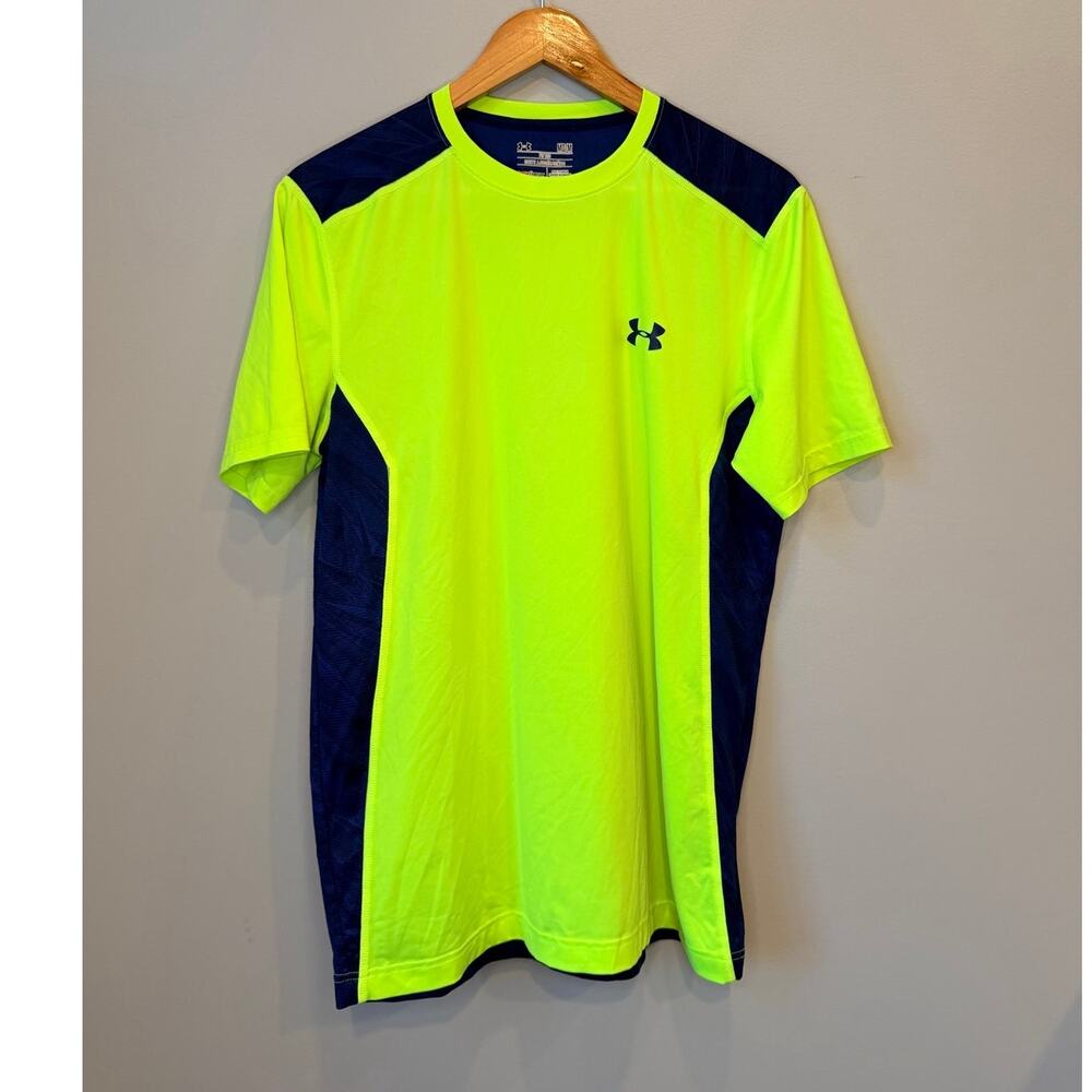 Under Armour Men's HeatGear Fitted T-Shirt Neon Green Navy Blue Size Medium
